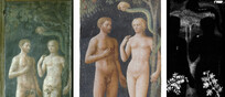 La scena dei Progenitori di Masolino da Panicale (a) con le foglie censorie del 1642; (b) dopo il restauro degli anni ’80 (©Ottaviano Caruso); (c) risultato del mapping XRF per l’Arsenico (©SCITEC di Perugia)&nbsp;