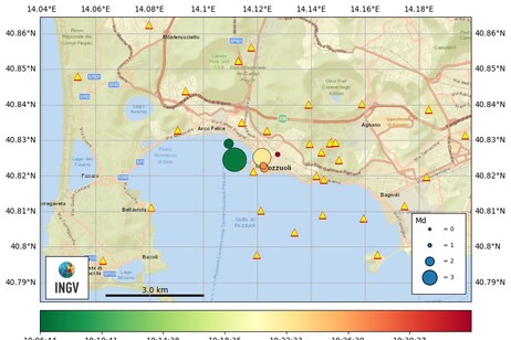 Mappa dello sciame sismico nei Campi Flegrei del 13 maggio 2025 (fonte: INGV)