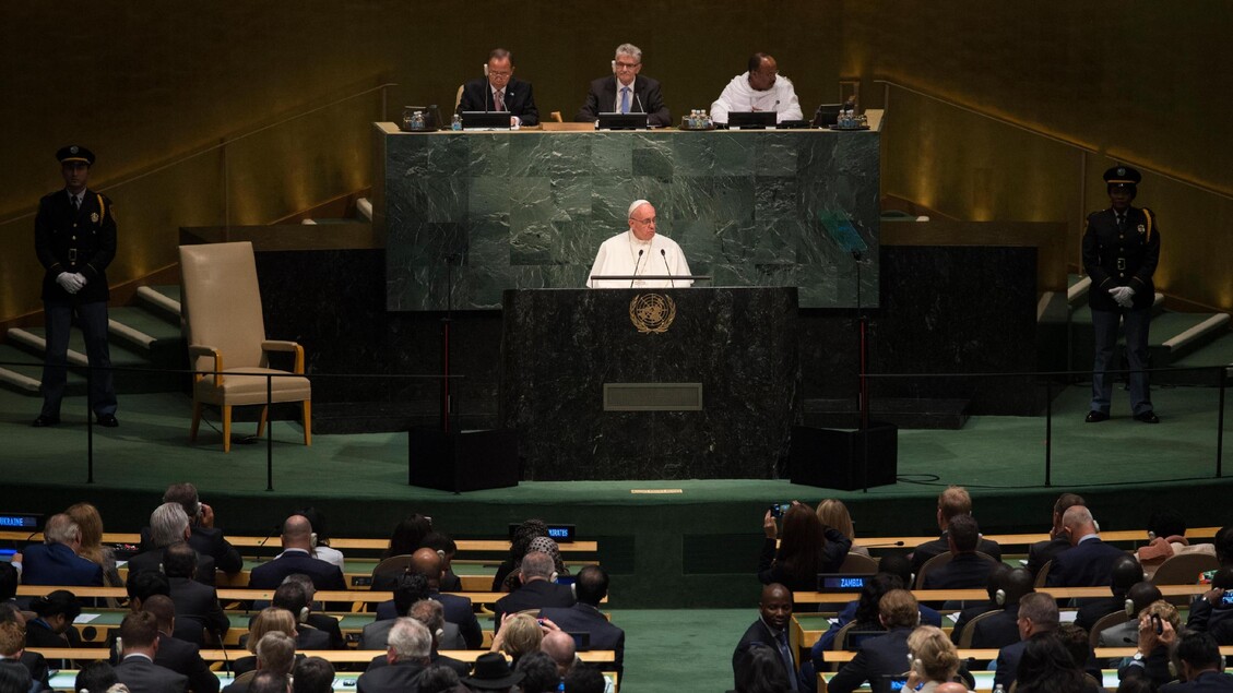 Papa Francesco parla all'Onu. 25 settembre 2015. ANSA / L'OSSERVATORE ROMANO