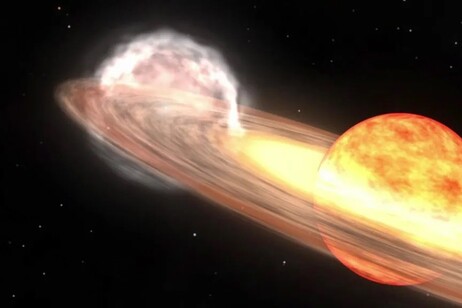 Rappresentazione artistica del sistema binario T Coronae Borealis (fonte: NASA/Goddard Space Flight Center)