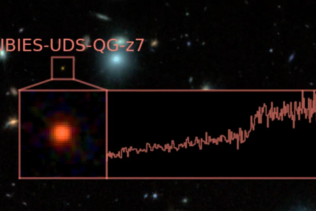 La galassia RUBIES-UDS-QG-z7 (fonte: NASA/CSA/ESA, A. Weibel, P. A. Oesch (University of Geneva), RUBIES team: A. de Graaff (MPIA Heidelberg), G. Brammer (Niels Bohr Institute), DAWN JWST Archive)