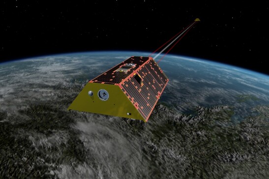 Rappresentazione artistica di un satellite Grace in orbita attorno alla Terra (fonte: NASA/JPL-Caltech)