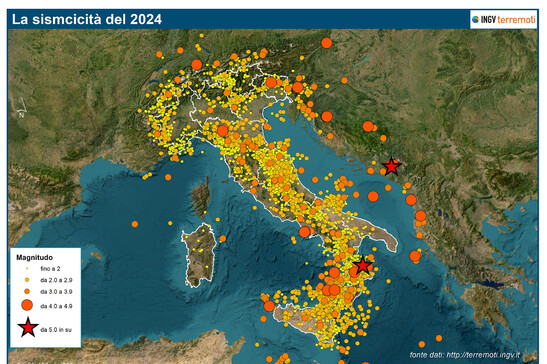 La mappa degli epicentri dei circa 17.000 terremoti localizzati dalla Rete Sismica Nazionale nel 2024(fonte: INGV)