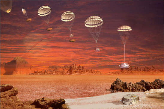 Rappresentazione artistica dell'arrivo della sonda europea Huygens su Titano, il 14 gennaio 2005 (fonte: ESA - D. Ducros)