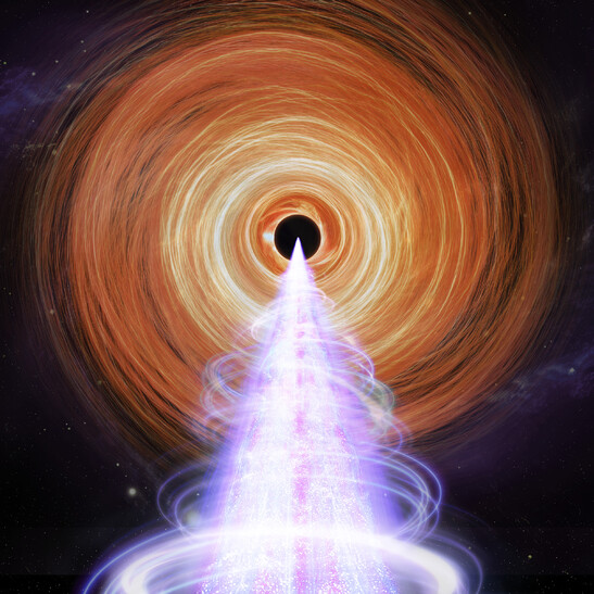 Rappresentazione artistica della regione centrale del blazer BL Lacertae, un buco nero supermassiccio circondato da un disco luminoso e che emette un getto orientato verso la Terra (fonte: NASA/Pablo Garcia)