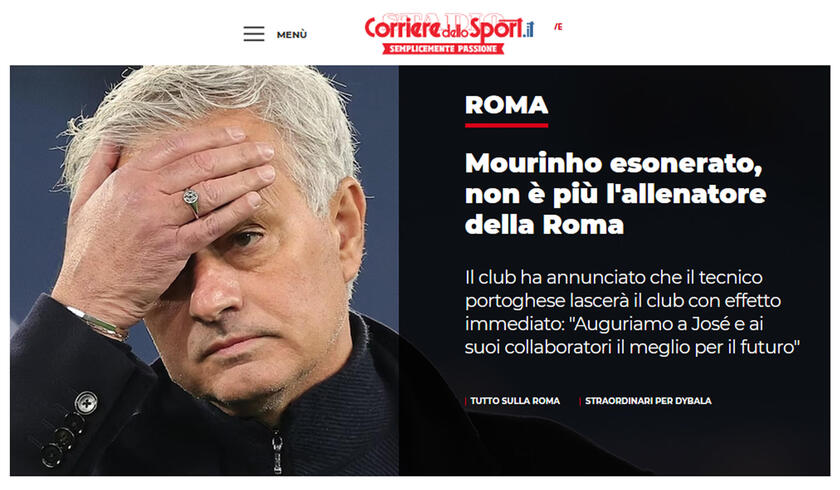 ESONERATO MOURINHO - Rassegna stampa online: CORRIERE DELLO SPORT - RIPRODUZIONE RISERVATA