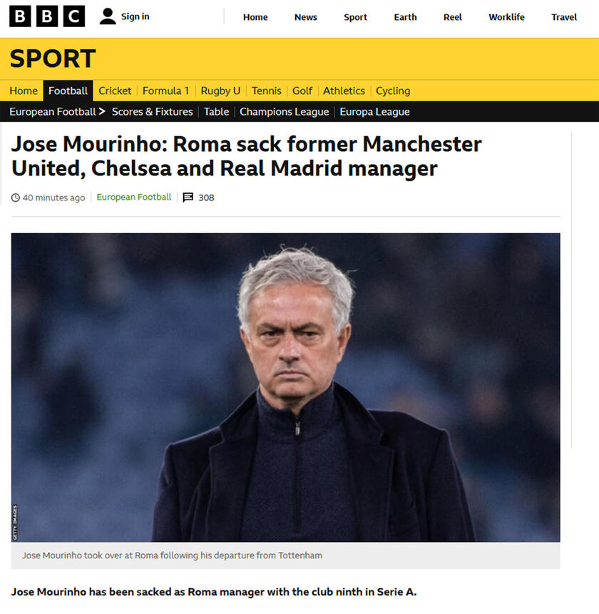 ESONERATO MOURINHO - Rassegna stampa online: BBC - RIPRODUZIONE RISERVATA