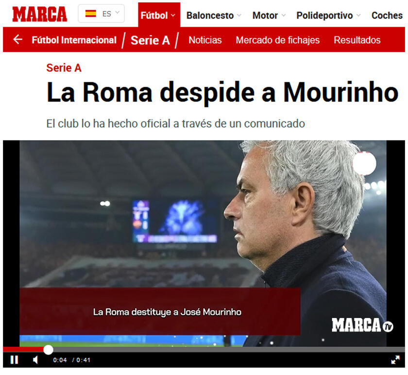 ESONERATO MOURINHO - Rassegna stampa online: MARCA - RIPRODUZIONE RISERVATA