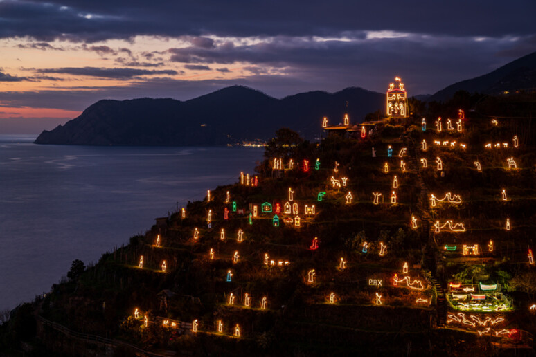 Buon Natale dall 'ANSA con il bellissimo presepe di luci di Manarola - RIPRODUZIONE RISERVATA