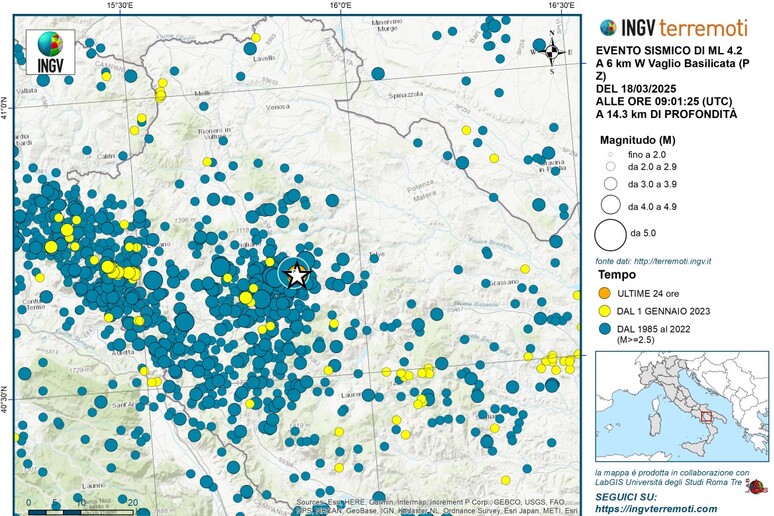 La stella indica il terremoto di 4,2 del 18 marzo a Potenza, in giallo i terremoti dal 2023, in azzurro quelli dal 1985 al 2022 (fonte: INGV) - RIPRODUZIONE RISERVATA
