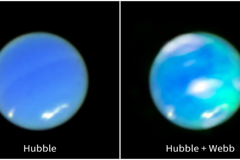 Le aurore su Nettuno appaiono come macchie color ciano (fonte: NASA, ESA, CSA, STScI, H. Hammel AURA, H. Melin Northumbria University, L. Fletcher University of Leicester, S. Milam NASA-GSFC) - RIPRODUZIONE RISERVATA