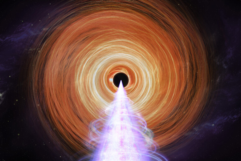 Rappresentazione artistica della regione centrale del blazer BL Lacertae, un buco nero supermassiccio circondato da un disco luminoso e che emette un getto orientato verso la Terra (fonte: NASA/Pablo Garcia) - RIPRODUZIONE RISERVATA